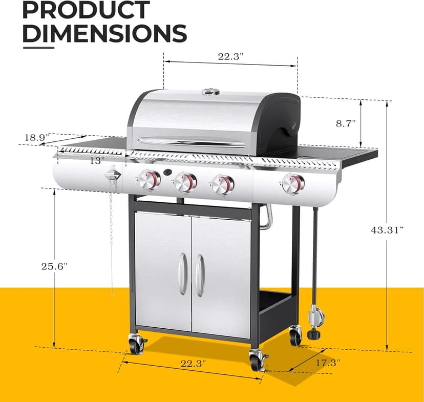 R.W.FLAME 3 Burners Propane Gas Grill with Side Burner, 34000 BTU BBQ Grills for Outdoor Cooking, Enamel-coated Wire Grate, Removable Grease Tray, Barbecue Grill for Camping, Backyard, Patio, Deck