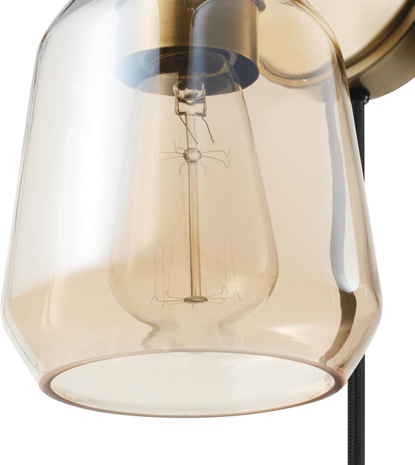 GLOBE Electric 51715 1-Light Plug-in or Hardwire Wall Sconce, Matte Brass, Smoked Amber Glass Shade, Black Fabric Cord, in-Line On/Off Switch, Bedroom, Living Room, Mounted Bedside Lamp