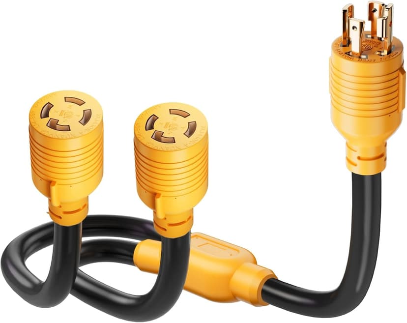 MECMO 4 Prong 30 Amp Generator Splitter Y Adapter NEMA L14-30P to 2x L14-30R, 10 AWG SJTW Generator Locking Power Cord Cable 3FT for Manual Transfer Switch, Portable Generators, Outages 125/250V 7500W