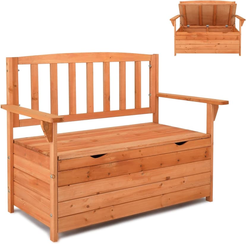 Outvita Outdoor Wood Storage Bench, Wooden Large Deck Box with Seating & Armrest, Waterproof Patio Organizer Loveseat for Garden Porch Deck Backyard Poolside, Natural