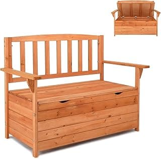 Outvita Outdoor Wood Storage Bench, Wooden Large Deck Box with Seating & Armrest, Waterproof Patio Organizer Loveseat for Garden Porch Deck Backyard Poolside, Natural