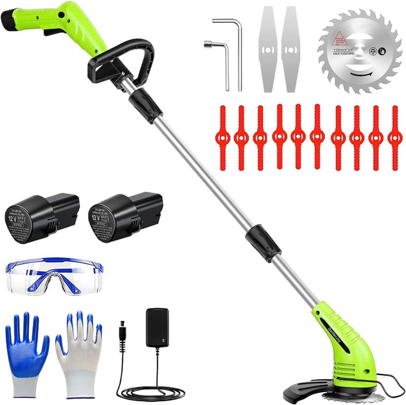 GardenJoy Weed Wacker Battery Operated: 12V Cordless Grass Trimmer with 2Pcs 2.0Ah Batteries, Fast Charger and 3 Types Cutting Blades, Portable Electric Lawn Trimmer for Garden Yard Weeding Work