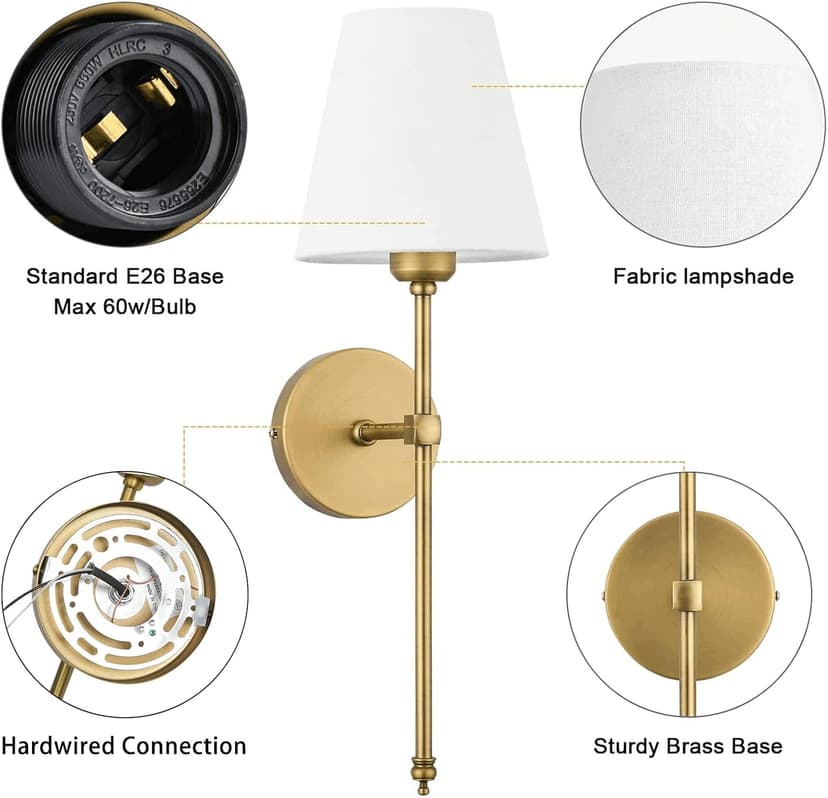 Bsmathom Wall Sconces Sets of 2, Classic Brushed Brass Sconces Wall Lighting, Hardwired Bathroom Vanity Light Fixture with Fabric Shade for Bedroom Living Room Hallway Kitchen, Gold