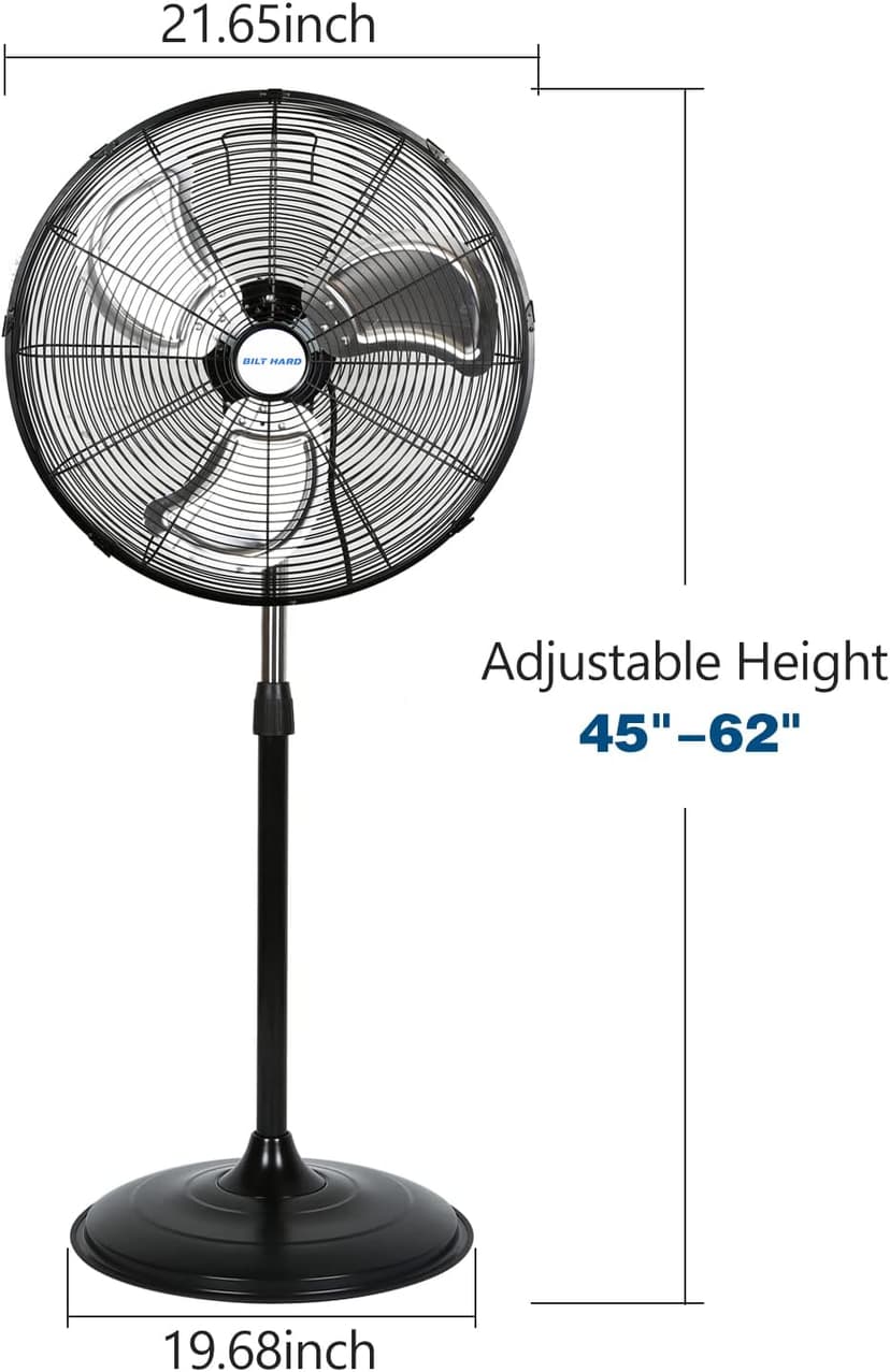 BILT HARD 5200 CFM 20" High-Velocity Industrial Pedestal Fan, 3-Speed Oscillating Stand Fan, Heavy Duty Metal Fan for Commercial, Warehouse, Garage Use