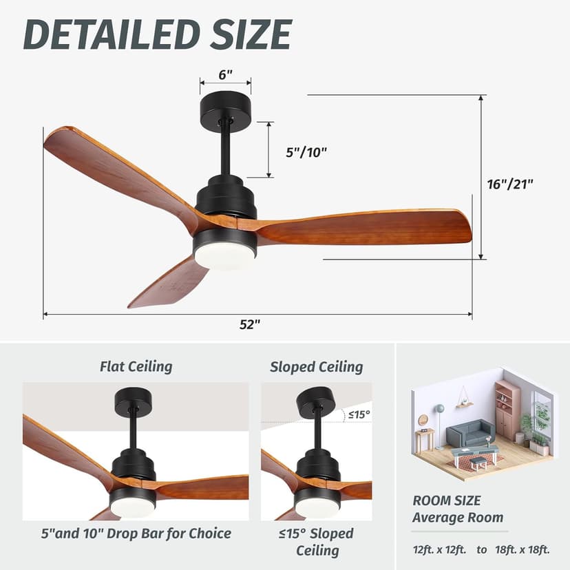 Wood Ceiling Fan with Light,Energy Saving,Ultra-Quiet DC Motor,3 Blades,6 Speed,Outdoor/Indoor Ceiling Fan for Patio,Deck,Porch,Bedroom,Living Room,Brown Walnut