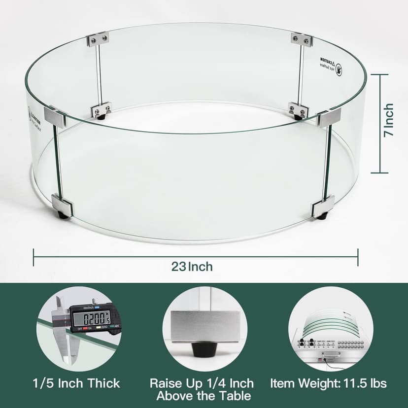 Apromise Fire Pit Wind Guard - 23" x 7" Fire Pit Glass Wind Guard for Round Fire Pit Table | 1/5-Inch Thickness Tempered Glass & Hard Aluminum Corner Brackets
