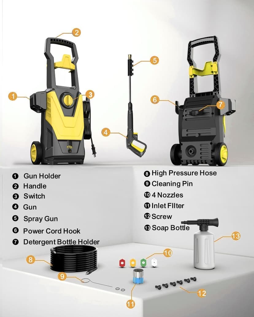 AgiiMan Electric Pressure Washer, 4800PSI Max 3.2GPM Power Washer Electric Powered with 20FT Hose, 4 Nozzles, Foam Cannon, High Pressure Cleaner Machine for Cars, Patios, Driveways, Fences, Yellow