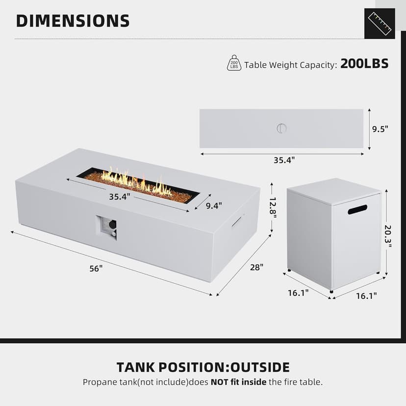 UPHA 56 inch Outdoor Gas Rectangle Fire Pit Table 50000 BTU Propane Iron Firepit for Outside Patio with Tank Cover, Removable Lid, Gold Reflective Glass, Lava Rocks, Rain Cover, White