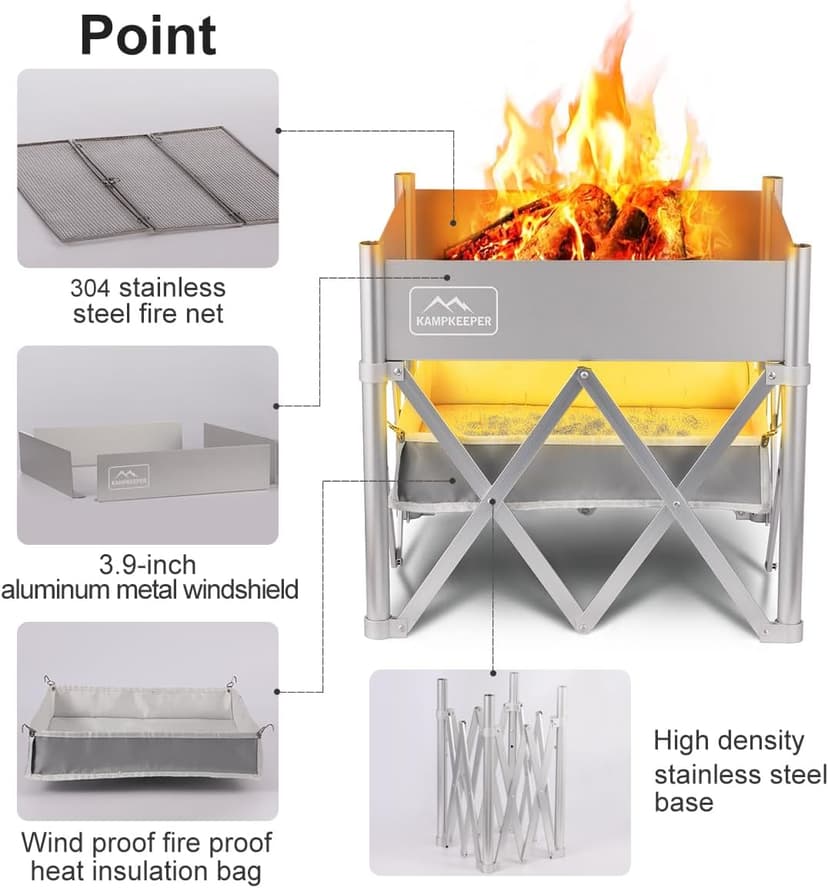 KAMPKEEPER Fire Pit 18 Inch Outdoor Wood Burning Fire Pit,Portable Fire Pit for Camping, Beach Parties,and More,Included Heat Shield for Leave No Trace Fires