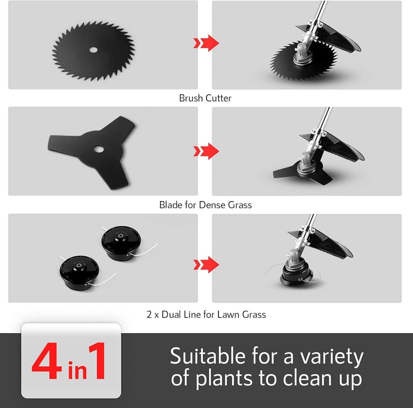 58CC Brush Cutter Gas Powered 2-Cycle 4 in 1 Gas Weed Eater 18.5" Cutting Path Gas Weed Wacker with 4 Detachable Heads Straight Shaft String Trimmer Grass Cutter Machine for Weeds and Grass, Green