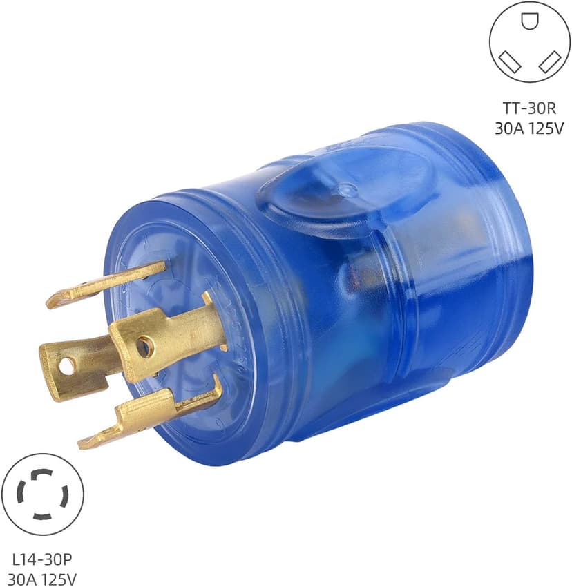30 amp rv Power Adapter 4 Prong Twist Lock Plug Heavy Duty Converter L14-30P to TT-30R 125/250V 30A Male Plug to 30A Female Receptacle for Generator Caravan RV Camper (Clean Blue)