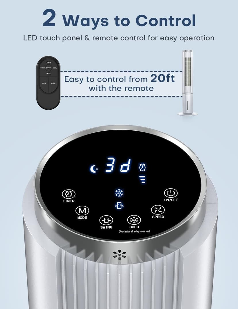 42 INCH Portable Air Conditioners w/Remote & LED Touch Screen, 4 Modes & 3 Speeds, 1-Gal Tank for 15H Cooling Evaporative Air Cooler, 12H Timer for Smart Auto-Off, 90° Oscillating Swamp Cooler