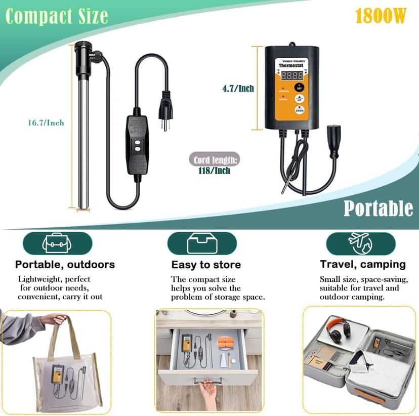 1800W Titanium Portable Fully Submersible Electric Pool And Hot Tub Immersion Water Heater - Gfci Plug, Thermostat For Bathtub, Inflatable, Swimming Above Ground Pools,Baptistry, Baptismal Pool