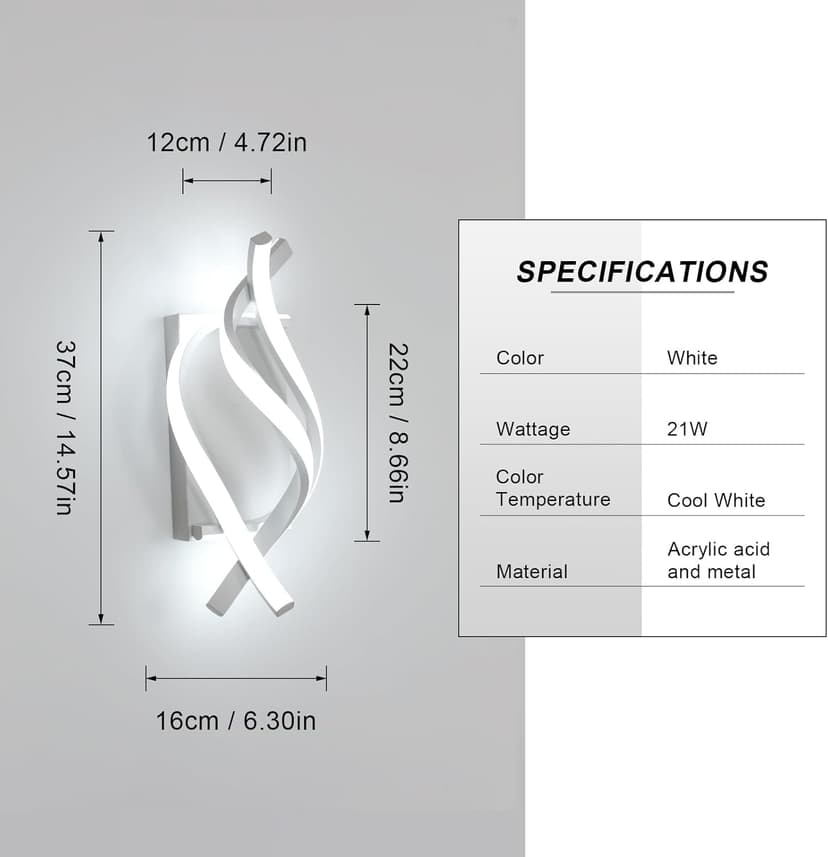 DELIPOP Wall Sconces, Spiral Modern LED Wall Sconce Lighting, 6500K Cool White Indoor Wall Light, Acrylic LED Wall Lamp for Bedroom, Bathroom, Living Room, Hallway, Balcony (White)