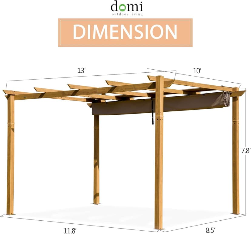 Domi 10' x 13' Outdoor Retractable Pergola, Gazebo Modern Grape Trellis Pergola with Sun Shade Canopy, Patio Aluminum Shelter for Garden Porch Beach Yard with Natural Wood Grain Frame