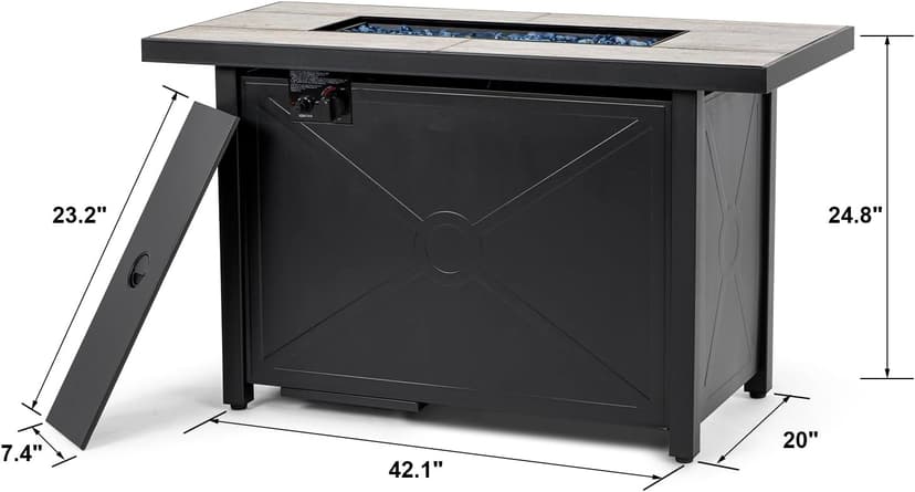 Nuu Garden Propane Fire Pit Table, CSA Certified 42 Inch 50,000 BTU Outdoor Propane Gas Cabinet Rectangle Fire Pit Table, Ceramic Tabletop, Rattan and Iron Frame, with Lid and Fire Glass Beads, Black