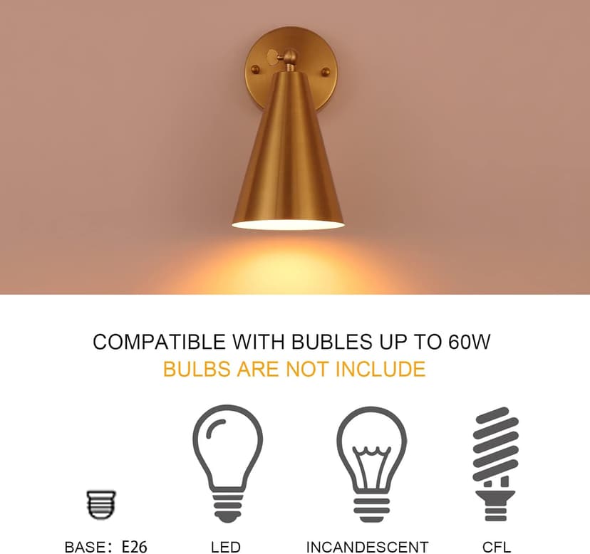 MWZ Gold Sconces Set of 2, Modern Brass Wall Sconces Lighting Fixtures with Metal Shade, Indoor Decor Wall Mount Swing Arm Lamp for Bedroom,Bedside,Kitchen,Hallway,Living Room,Reading,Bar