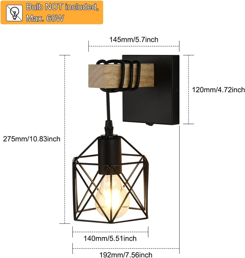 Black Wall Sconce with ON/Off Switch Pack of 2, Dimmable Cage Wall Mount Light Fixture Industrial Farmhouse Lighting, LG9939389