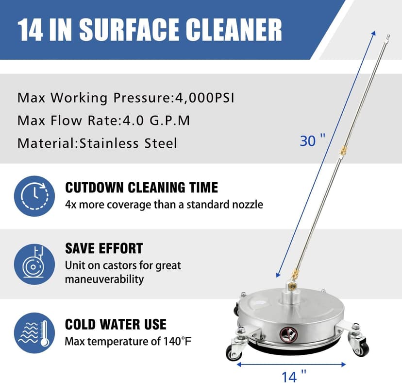 janz 14" Pressure Washer Surface Cleaner with 4 Wheels, Stainless Steel Housing, 1/4" Quick Plug, 2 Extension Wands, 2 Replacement Nozzles and 3 Spray Nozzles, 4000 PSI