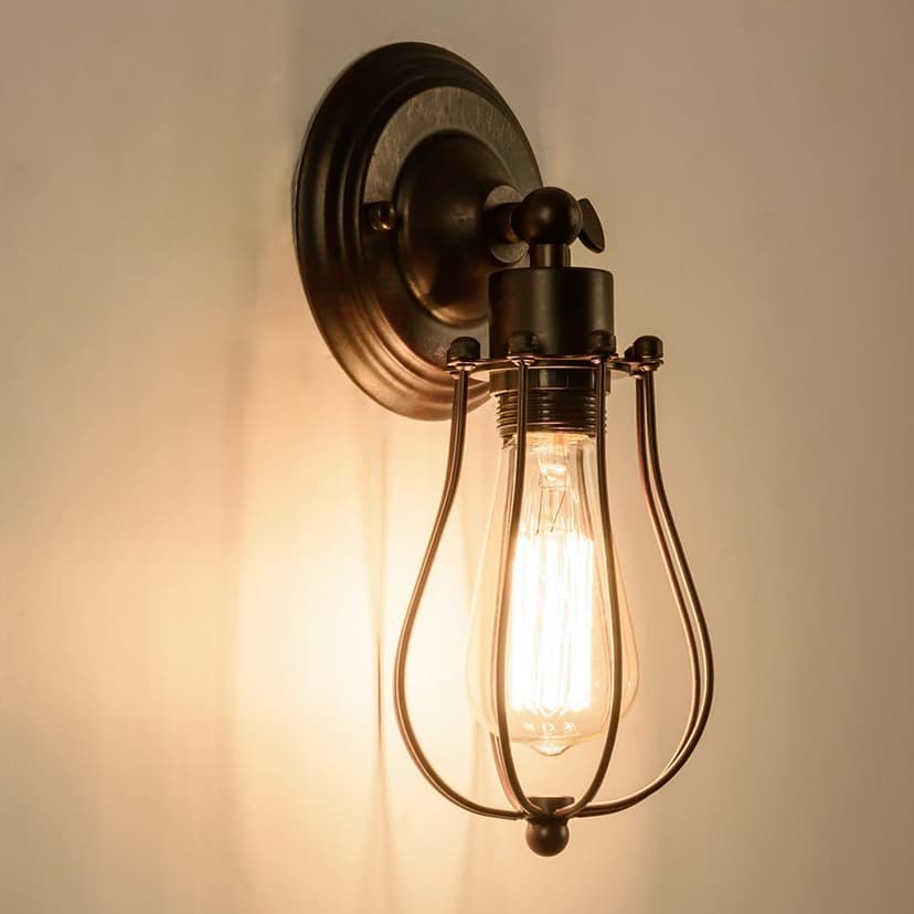 Industrial Wall Sconce Vintage Lighting Adjustable Lamp Rustic Wire Metal Cage Wall Light Shade Edison Style Antique Fixture Porch Mirror (No Bulb) (Bronze Color) (Rust)