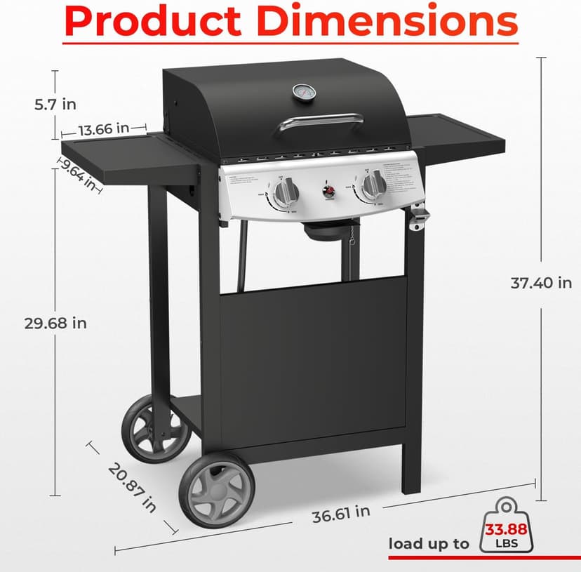 Propane Gas Grill 21000 BTU with 2-Burner,325 sq.in. Outdoor BBQ Grill for Barbecue Cooking with Top Cover Lid,Wheels,Side Storage Shelves,Barbeque Stove for Patio Garden Camping,Black