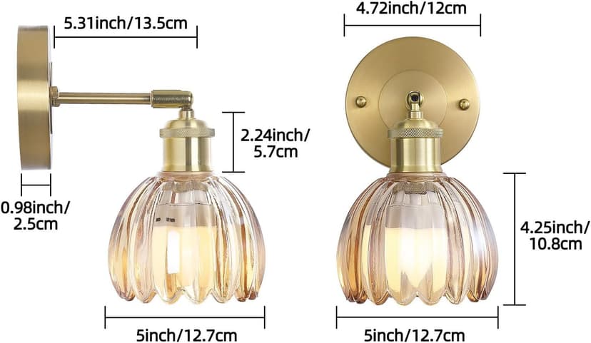 Vintage Battery Operated Wireless Wall Sconces, Rechargeable Gold Wall Lights，Amber Tulip Glass Lampshade With Remote Dimmable Wall Lighting Indoor, Led Wall Lamp Fixtures For Bedroom, Living Room