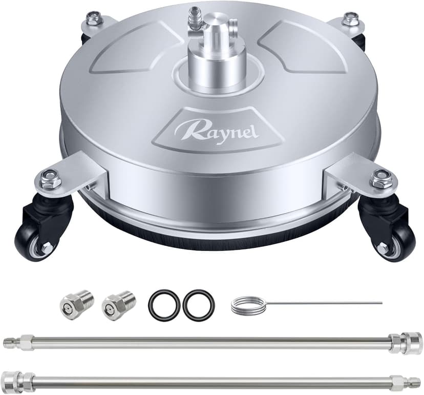 RAYNEL 14'' Pressure Washer Surface Cleaner with 4 Wheels, Stainless Steel Housing, 1/4" Quick Plug, 2 Extended Wands, 2 Replacement Nozzles