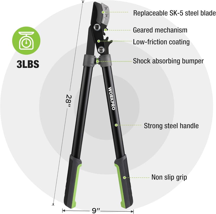 WORKPRO 28" Anvil Lopper for Gardening, Long handle Branch Cutter with 1.6" Cutting Capacity, Heavy-Duty Pruning Shear Featuring Gear System for Tree Trimming, Handheld Garden Shear with Sharp Blade