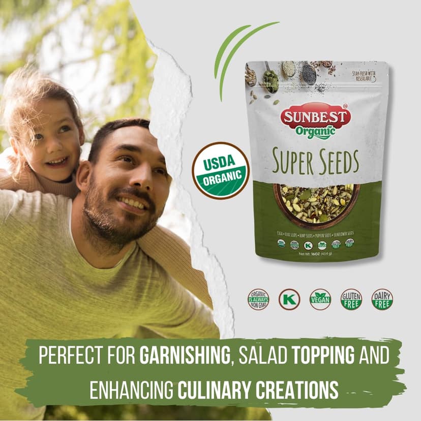 Sunbest Natural Organic Super Seeds – 2 lb (32 oz) Blend – Raw Pumpkin, Chia, Hemp, Sunflower & Flax Seeds – Vegan, Gluten-Free, Kosher – Perfect for Salad Toppings & Plant-Based Diets – 2-Pack (16 oz each)