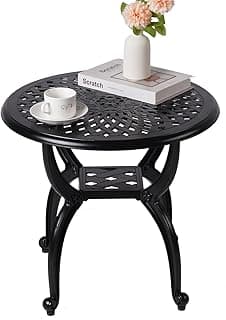 Cast Aluminum Outdoor Side Table,Outdoor Coffee Table,Small Outdoor Table,Outdoor Side Tables for Patio,Garden,Balcony, for All Weather (Black, Round), WIL001