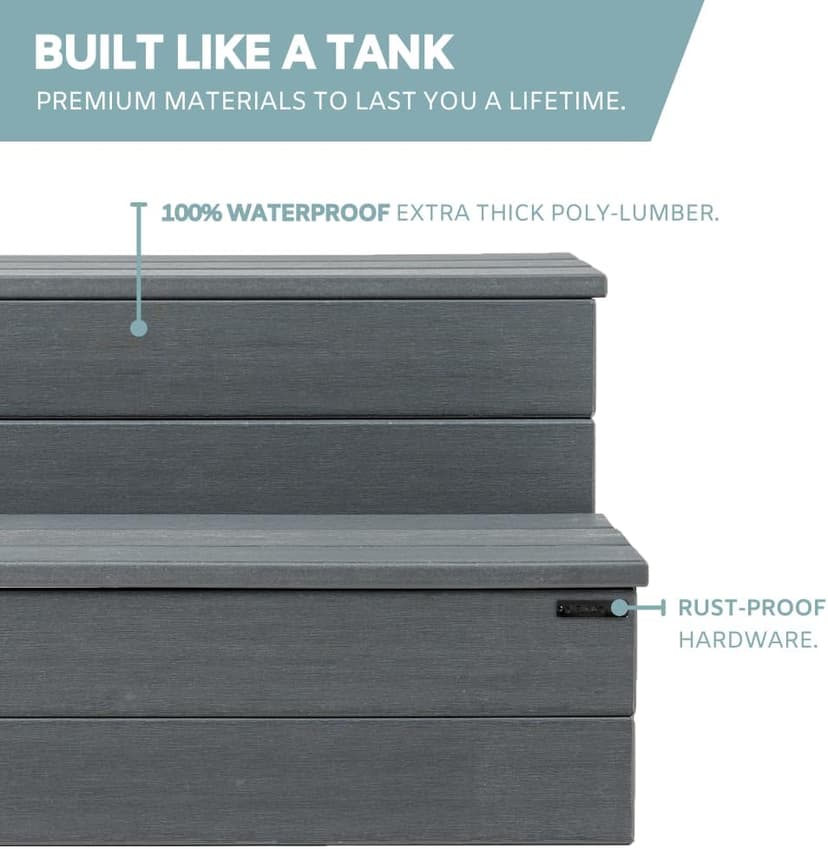 Hot Tub Steps - Wood-Looking Plastic, 100% Waterproof, Gray Non-Slip, Heavy Duty Outdoor Spa Stairs - Multi-Use for Porch, Fits Any Size