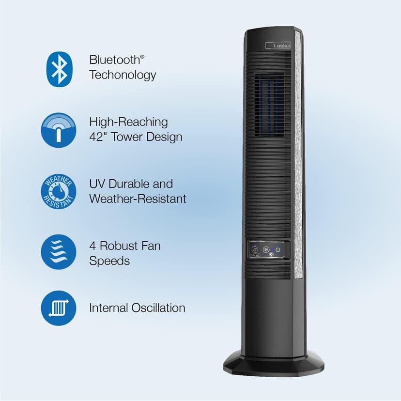 Lasko 42" Portable Outdoor Tower Fan with Bluetooth Technology for Decks, Patios and Porches with 4 Speeds, Night Mode, Internal Oscillation, Black, YF200, Large