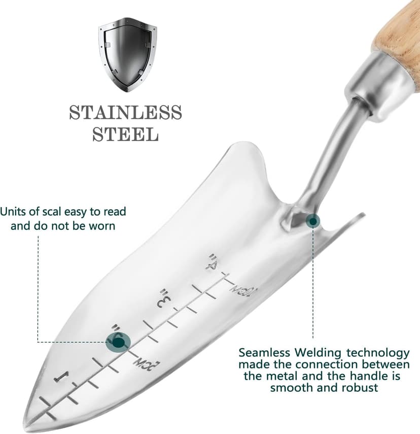Transplant Trowel with Measurements, Garden Stainless Steel Potting Hand Trowel with Wooden Handle, Small Garden Hand Shovel Transplanter Tool for Planting Digging Transplanting Gardening