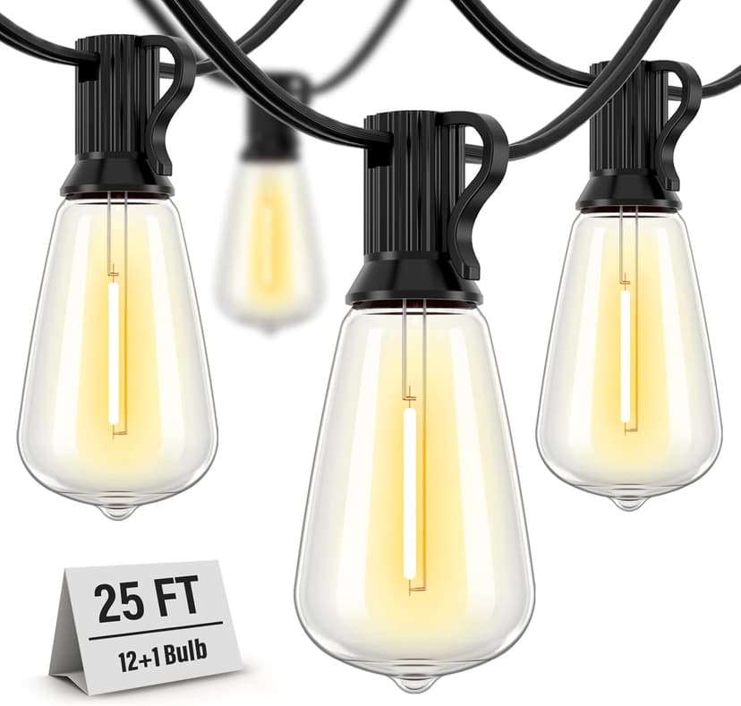 Outdoor String Lights Waterproof, 25 Feet Patio Lights with 13 ST38 Edison Bulbs(1 Sqare), Hanging Lights with Plug in Cord for Porch, Blacony, Backyard, Bistro, Garden, 2700K
