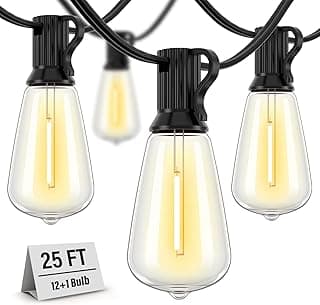 Outdoor String Lights Waterproof, 25 Feet Patio Lights with 13 ST38 Edison Bulbs(1 Sqare), Hanging Lights with Plug in Cord for Porch, Blacony, Backyard, Bistro, Garden, 2700K
