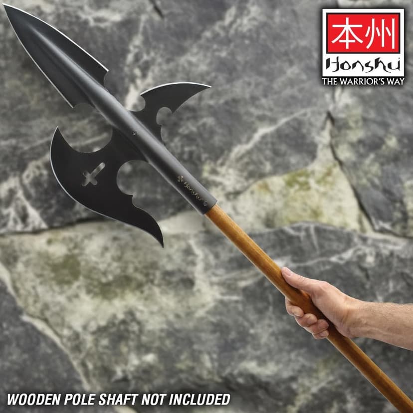 Honshu Halberd Spear | High Carbon Steel | Black Oxide Coating | Cross Cut-Out Accent | Length 19 3/5”