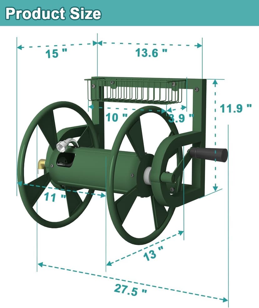 Garden Wall Mounted Hose Reel, Outdoor Heavy-Duty Water Hose Holder Winder, Holds 125 Feet of 5/8-Inch Hose, with 3.9 ft Leader Hose, Brass Fitting and Storage Basket for Yard, Green