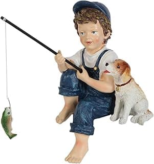 Lily's Home 10-Inch Fishing Boy and Dog Statue - Resin Garden Decor for Outside - Outdoor and Garden Decorations - Cottage Style Garden Statues Yard Art
