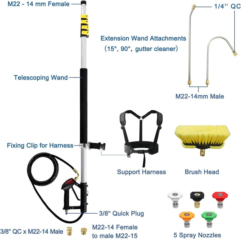 janz Aluminum 24 FT Telescoping Pressure Washer Wand with Pressure Washer Extension Wand,Gutter Cleaner Attachment, 5 Spray Nozzle Tips, 2 Hose Inlet Adapters and Support Harness