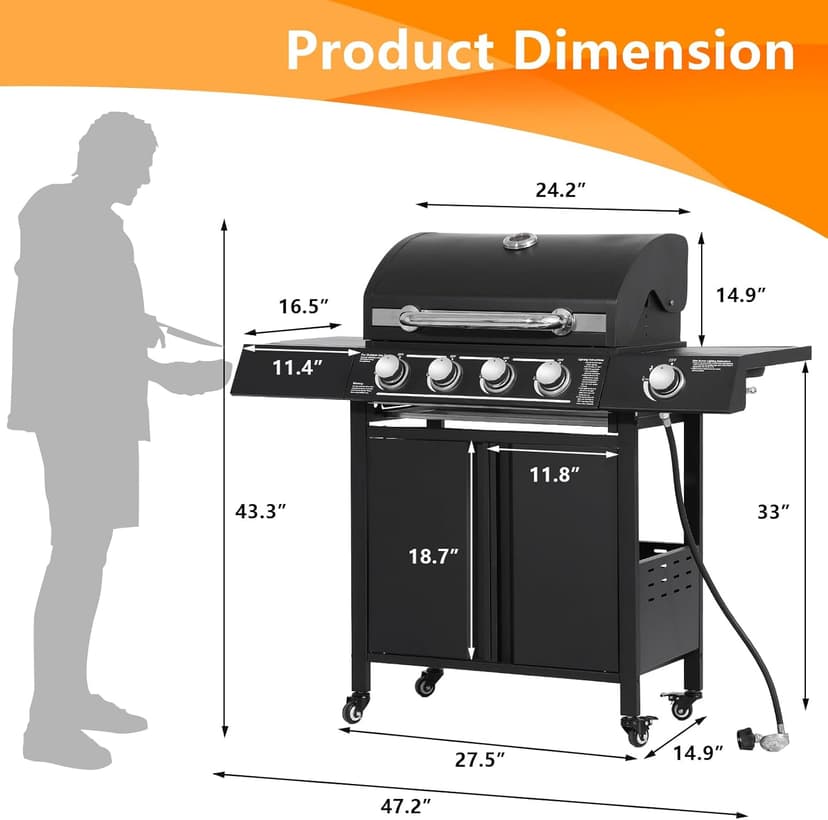 4-Burners Propane Gas Grill with Side Burner, 50,000 BTU Outdoor BBQ Grill, Cast Iron Cooking Grate with Wheels for Outdoor Patio Garden
