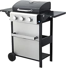 3 Burner Gas Grill with Lid, BBQ Grill With Griddle Combo, Outdoor Barbecue Grills with Wheels, Propane Grills with Foldable Side Table, Cooking Grids, Stainless Steel, 25650BTU