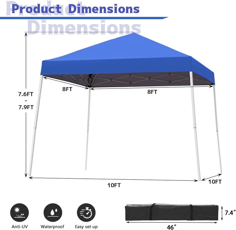 Canopy Tent, 10X10 FT Pop Up Canopy Outdoor Instant Tent Slant Legs with Carrying Bag, Portable Gazebo Shelter for Patio Deck Garden and Beach - 8X8 FT Canopy Cover (Blue)