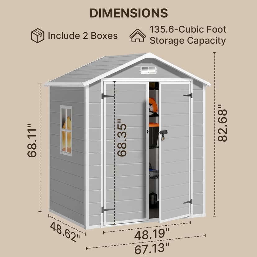 Gizoon 6x4.4 FT Resin Outdoor Storage Shed, Heavy-Duty Weather-Resistant Plastic Garden Shed with Floor for Patio Furniture, Gardening Tools, Lawn Equipment, Lockable Door, Easy Assembly, Grey