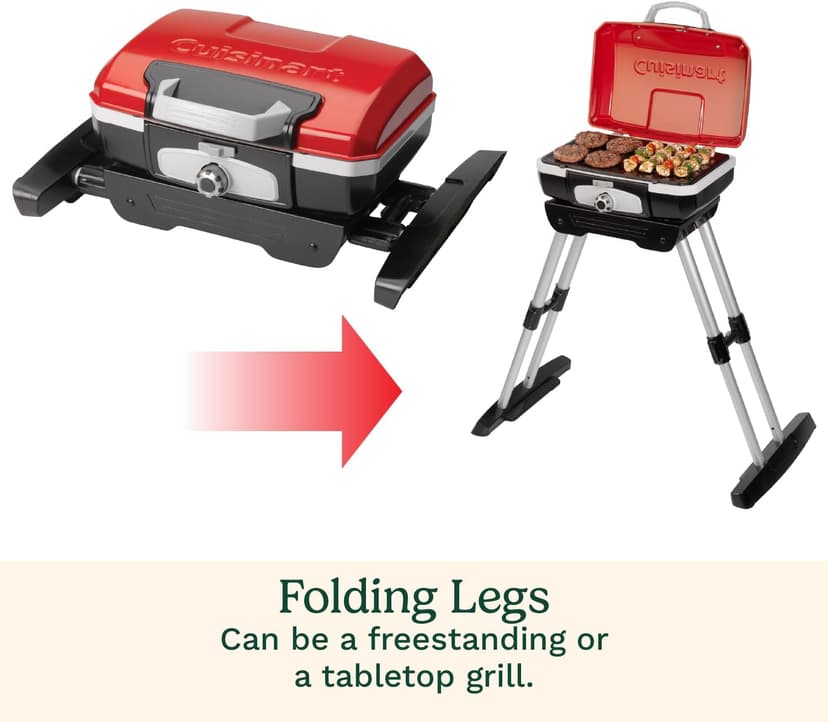 Cuisinart Petite Gourmet Portable Gas Grill with VersaStand™, Compact Tabletop BBQ, 150 Sq. In. Cooking Surface, 5,500 BTU Burner Small Gas Grill, Adjustable Telescoping Base and Carry Handles