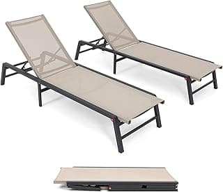Chaise Lounge Outdoor, Aluminum Outdoor Chaise Lounge Set of 2 Assemble-Free, Patio Lounger Poolside Lay Flat Sunbathing Adjustable Backrest Pool Lounge Chair