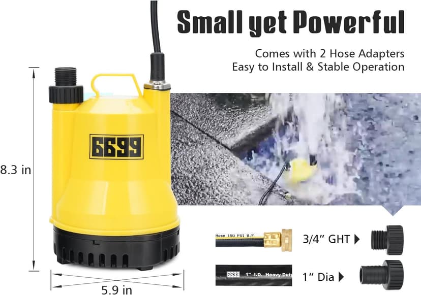 1/6HP Portable Utility Pump Submersible Small Backup Sump Pump Draining pump to Remove Water from Flooding House Basement Pool Tankless Heater Flushing Pump with 10-Foot Cord SUB 1100