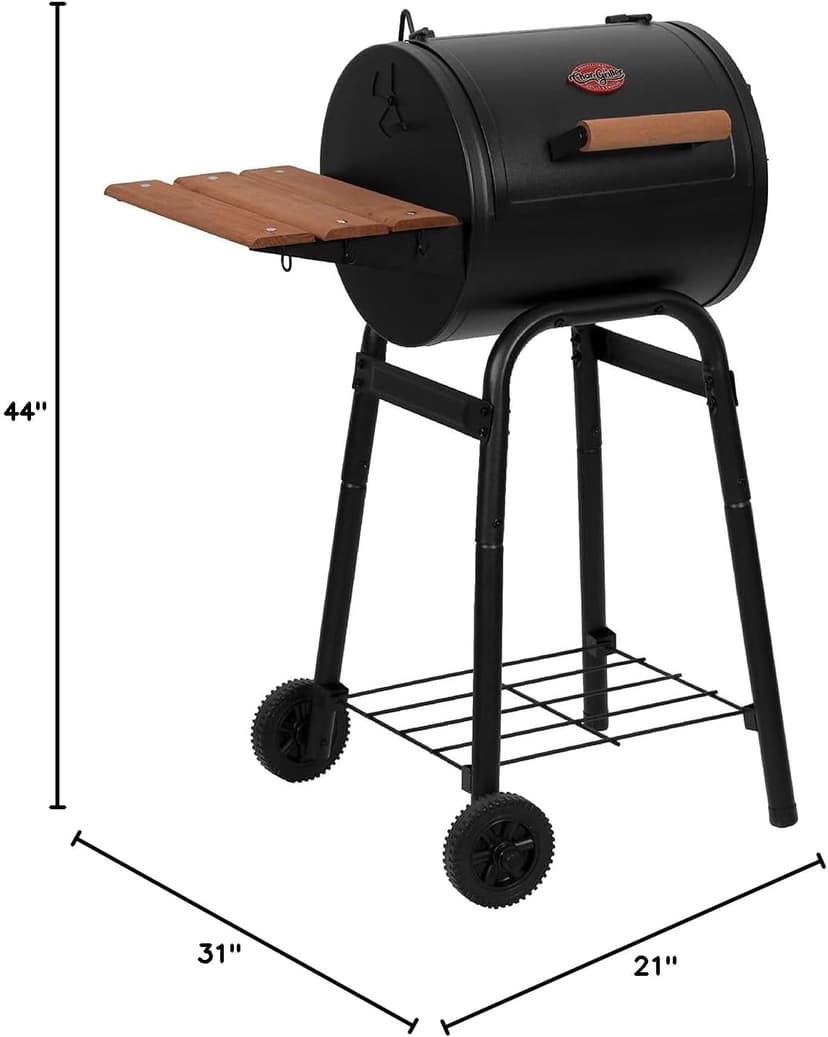 Char-Griller® Patio Pro Charcoal Grill and Smoker with Cast Iron Grates, Premium Wood Shelf and Damper Control, 250 Cooking Square Inches in Black, Model E1515