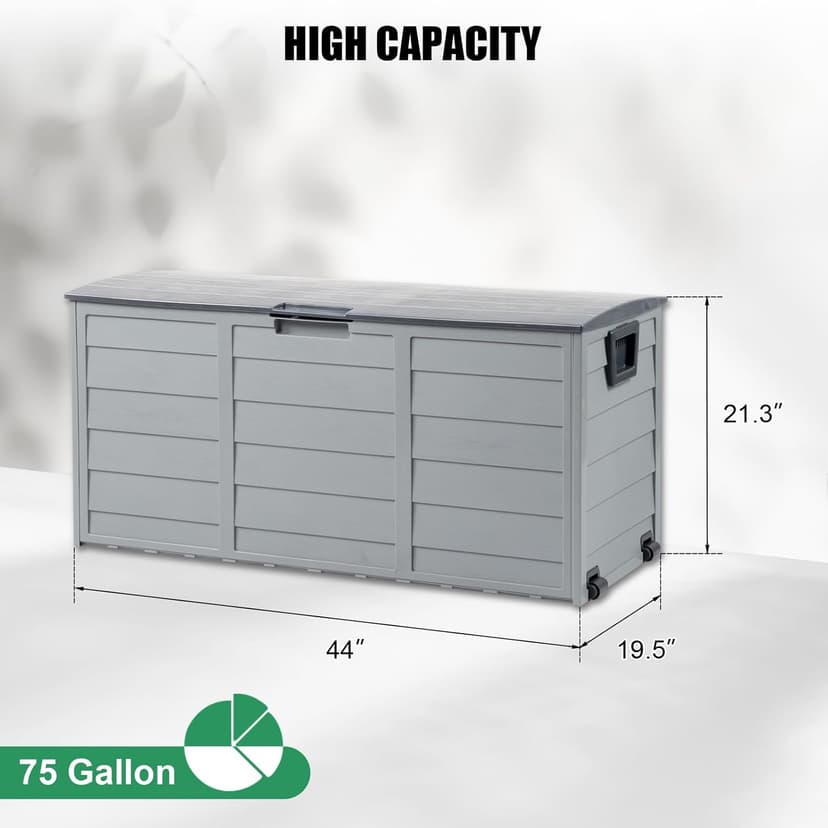 VINGLI Upgraded 75 Gallon Outdoor Storage Box, Lockable Plastic Storage Containers with Lid, Patio Deck Box Furniture for Garden, Pool, Balcony, Yard (Grey)