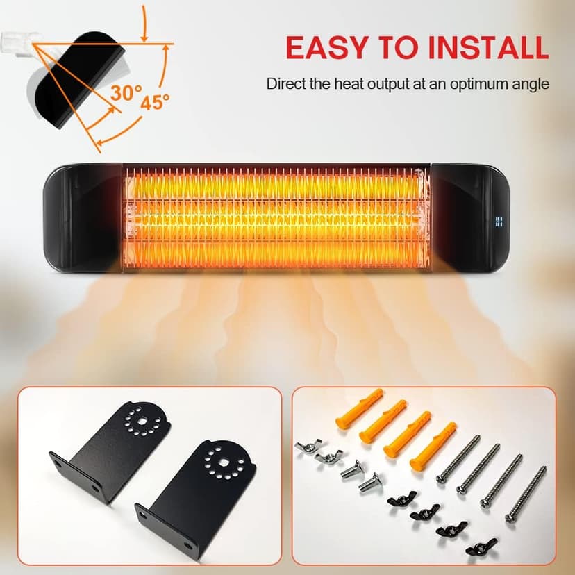 Electric Patio Heater with Remote Control - 1500W Carbon Infrared Outdoor Heaters for Patio, IP65 Waterproof, 2 Levels of Power - 120V Wall Mounted Space Heater for Bedrooms, Backyards, Garages, Black