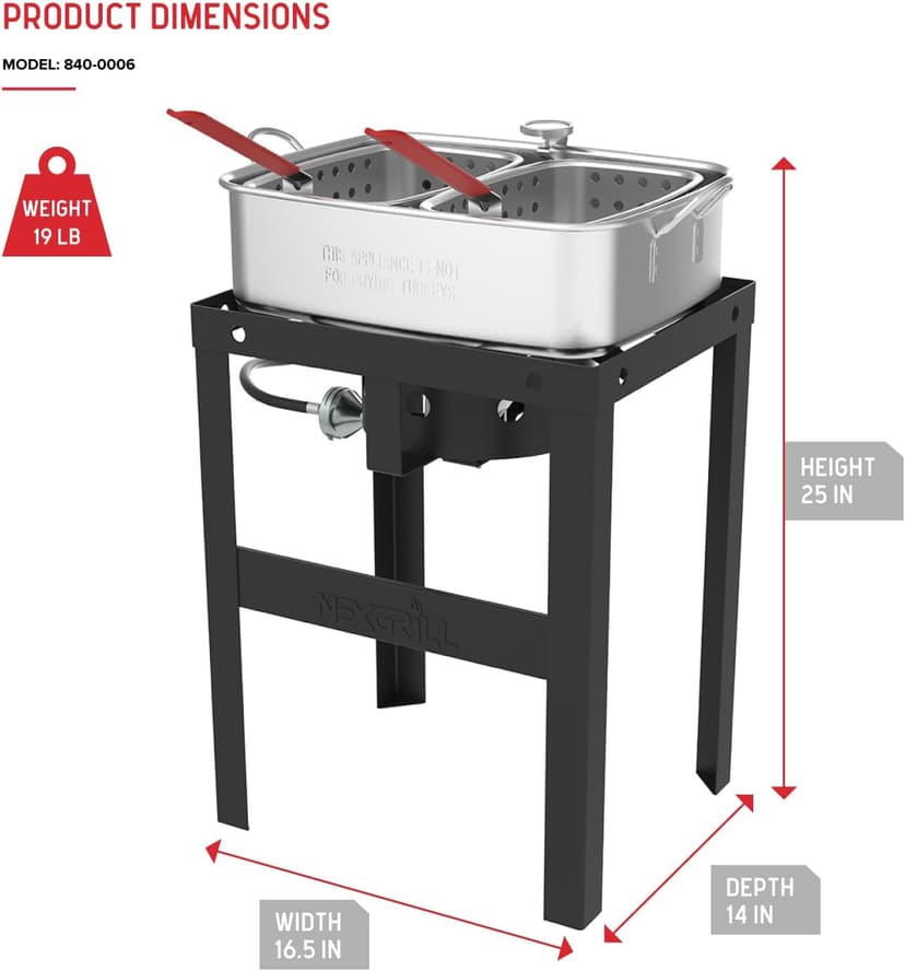 Nexgrill 18 Qt Aluminum Fish Fryer with Crawfish Boiler Pot & Double Strainer Basket for Poultry, Seafood, and More, 58,000 BTU Outdoor Deep Fryer, Welded Steel Stand & Included Thermometer - 840-0006
